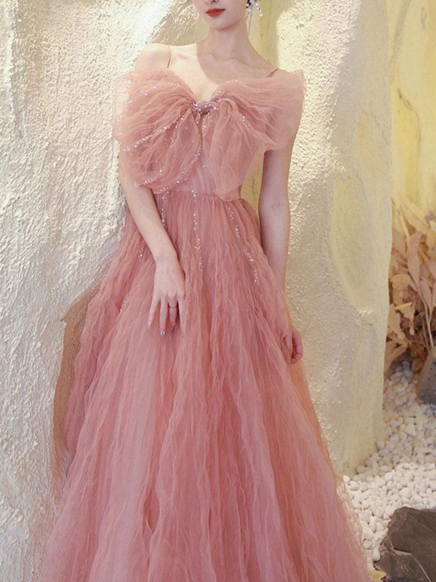 Pink Prom Dress Tulle Sequin Long Formal Gown Evening Dress