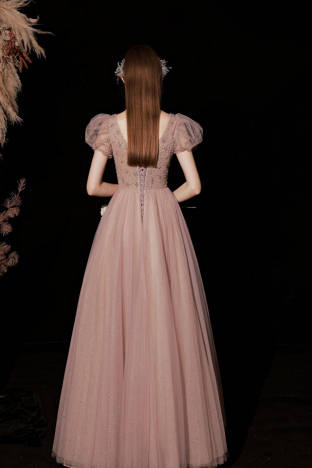 Pink Prom Dress Tulle Sequin Long Sweet 16 Dress Formal Evening Dress