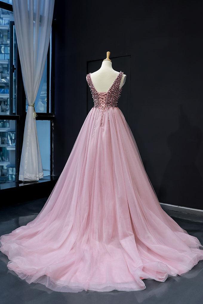 Pink Prom Dress Tulle Sequin V Neck Long Formal Dress Evening Dress