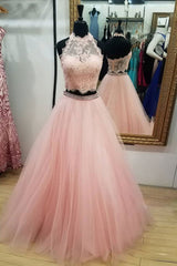 Pink Prom Dress Tulle Two Piece Lace Long Evening Gown Evening Dress