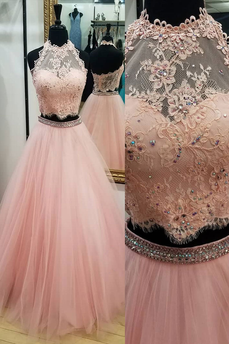 Pink Prom Dress Tulle Two Piece Lace Long Evening Gown Evening Dress