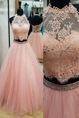 Pink Prom Dress Tulle Two Piece Lace Long Evening Gown Evening Dress