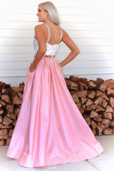 Pink Prom Dress Two Piece Lace Long Formal Dress Evening Dress