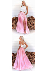 Pink Prom Dress Two Piece Lace Long Formal Dress Evening Dress