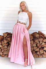 Pink Prom Dress Two Piece Lace Long Formal Dress Evening Dress
