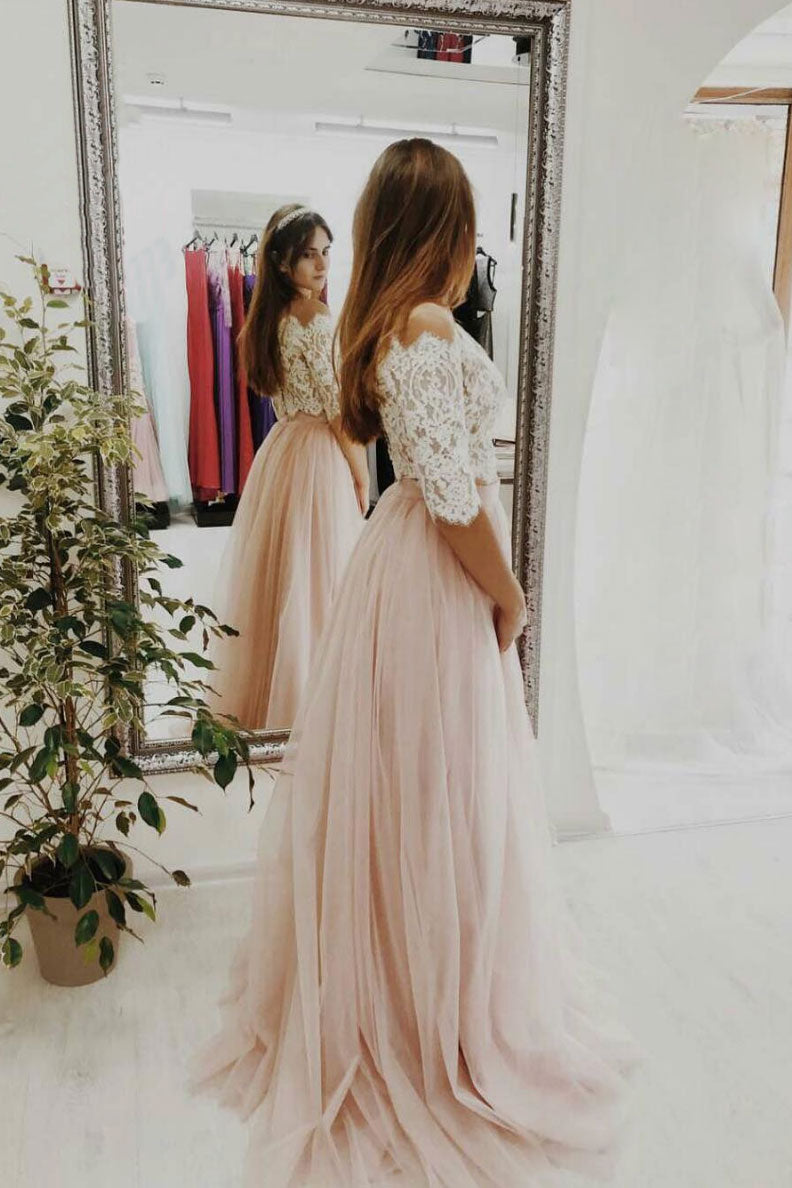 Pink Prom Dress Two Piece Lace Tulle Long Evening Dress