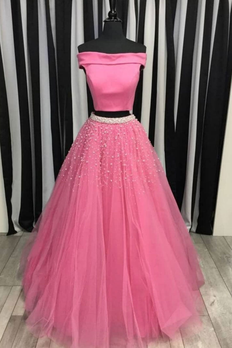 Pink Prom Dress Two Piece Tulle Beaded Long Evening Dress