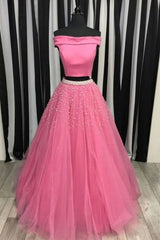 Pink Prom Dress Two Piece Tulle Beaded Long Evening Dress