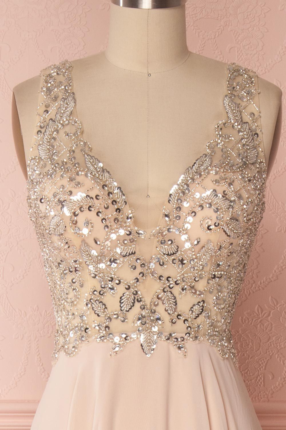 Pink Prom Dress V Neck Beaded Sequin Long Formal Gown Evening Dress