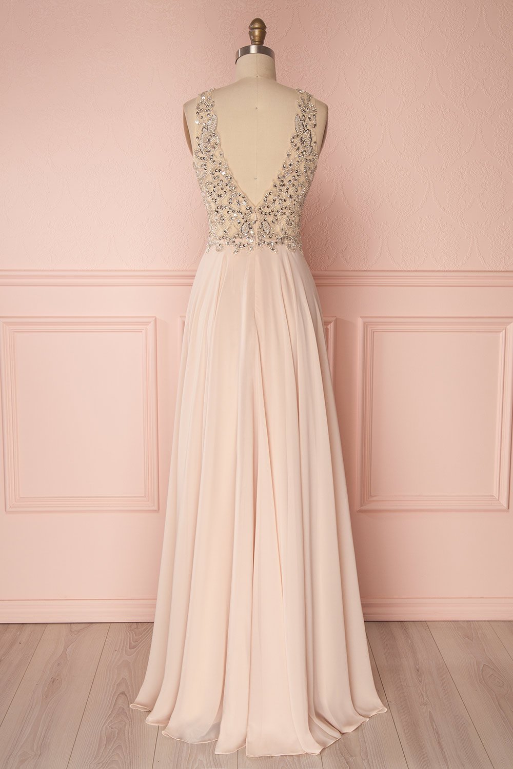 Pink Prom Dress V Neck Beaded Sequin Long Formal Gown Evening Dress