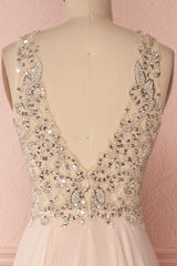 Pink Prom Dress V Neck Beaded Sequin Long Formal Gown Evening Dress