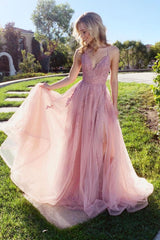 Pink Prom Dress V Neck Lace Tulle Long Evening Dress