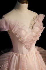 Pink Prom Dress V Neck Off the Shoulder Long Evening Dress