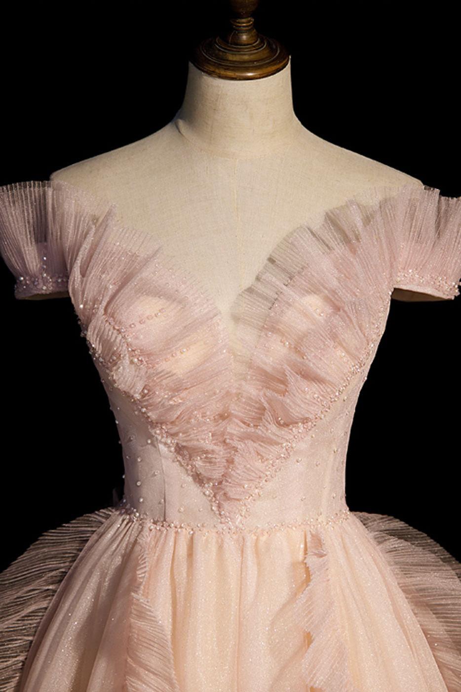 Pink Prom Dress V Neck Off the Shoulder Long Evening Dress