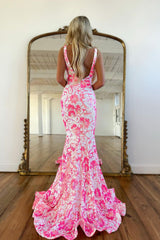 Pink Prom Dress V Neck Sequin Lace Mermaid Evening Dress