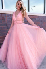 Pink Prom Dress V Neck Tulle Beaded Long Formal Gown Evening Dress
