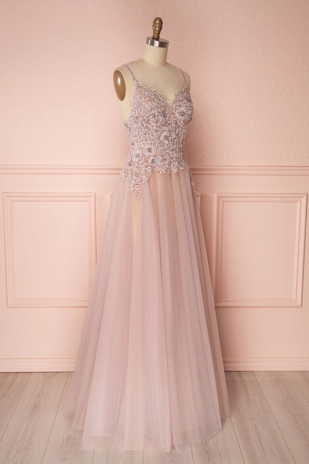 Pink Prom Dress V Neck Tulle Lace Appliques e Long Evening Dress