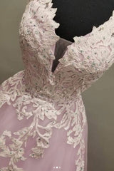 Pink Prom Dress V Neck Tulle Lace Long Evening Dress