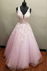 Pink Prom Dress V Neck Tulle Lace Long Evening Dress