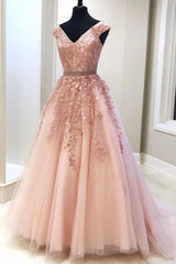 Pink Prom Dress V Neck Tulle Lace Long Evening Gown Evening Dress