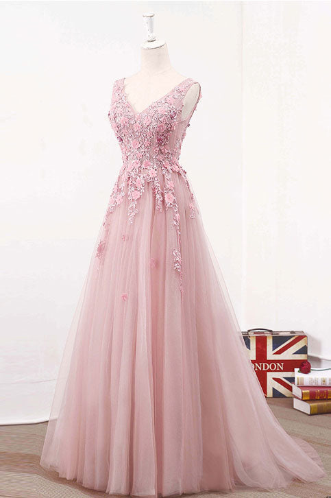 Pink Prom Dress V Neck Tulle Lace Long Formal Evening Dress