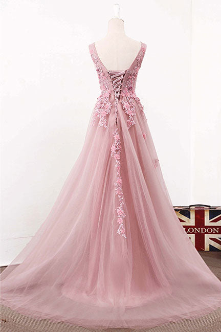 Pink Prom Dress V Neck Tulle Lace Long Formal Evening Dress