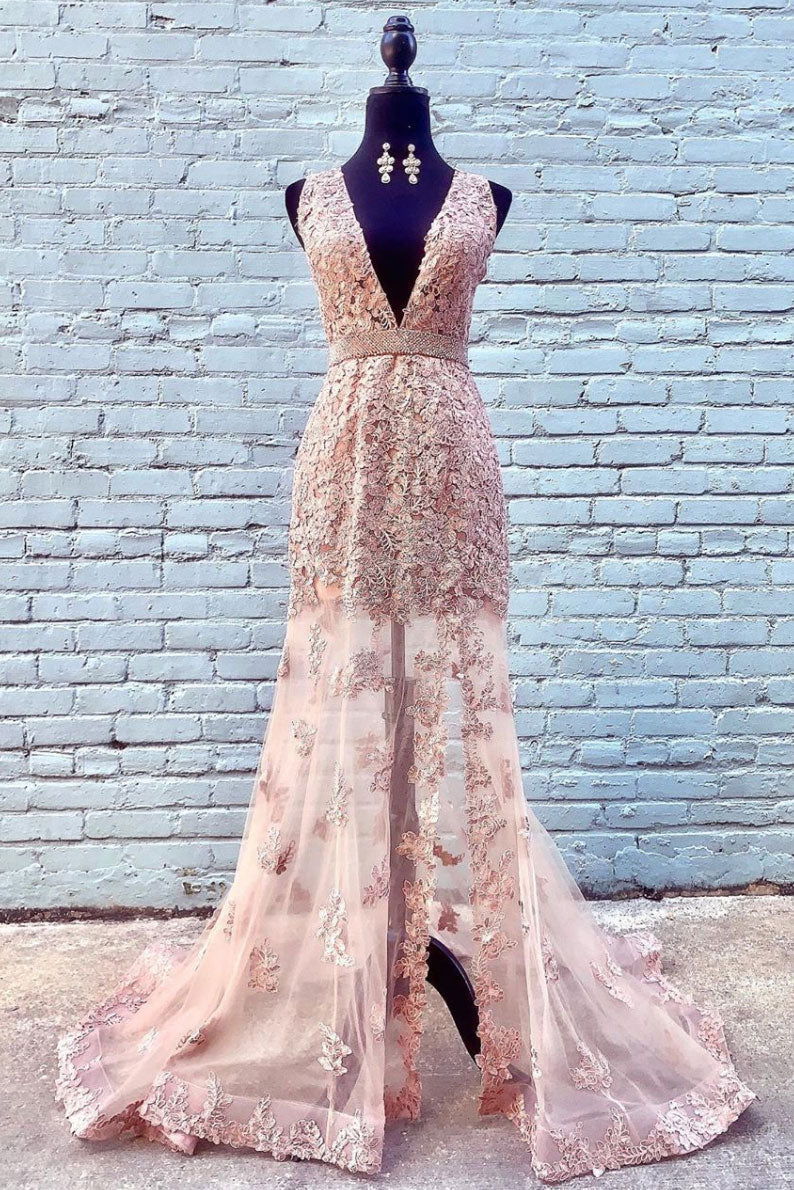 Pink Prom Dress V Neck Tulle Lace Long Formal Evening Dress