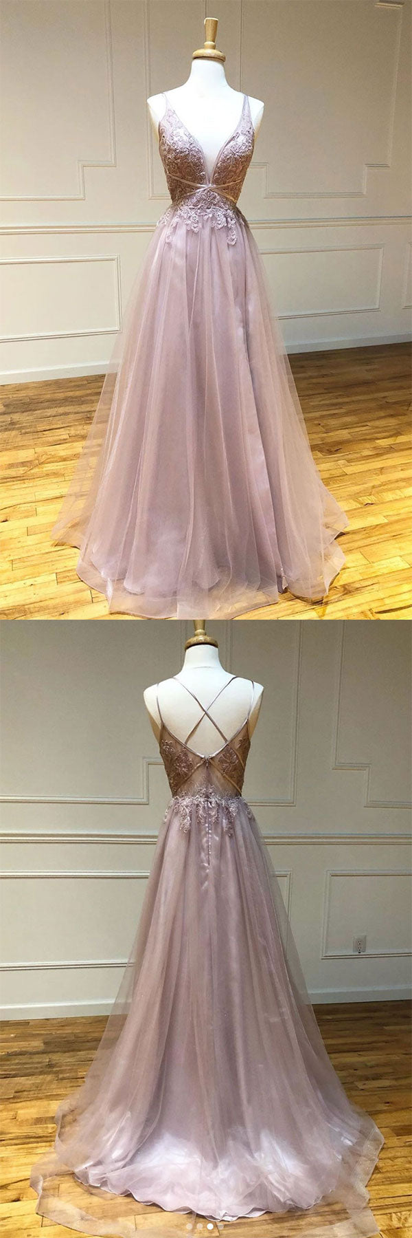 Pink Prom Dress V Neck Tulle Lace Long Formal Gown Evening Dress