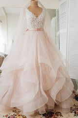 Pink Prom Dress V Neck Tulle Lace Long Formal Gown Evening Dress