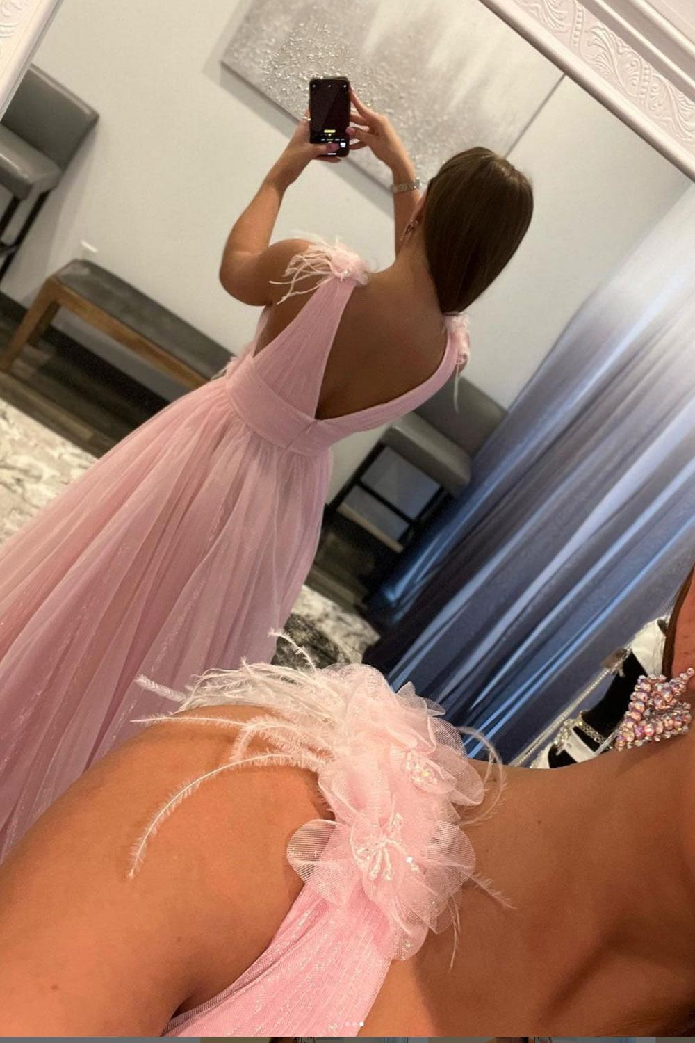 Pink Prom Dress V Neck Tulle Long Evening Gown Evening Dress