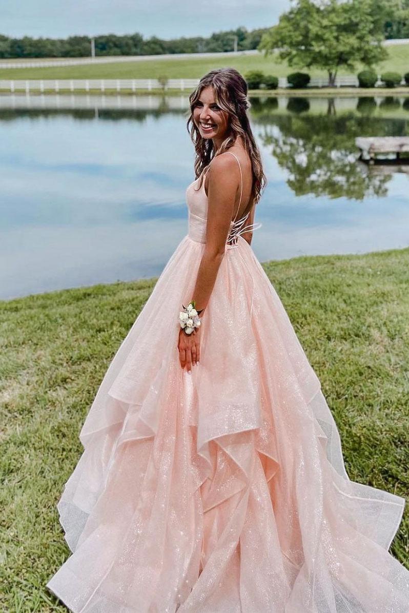 Pink Prom Dress V Neck Tulle Long Formal Evening Dress