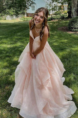 Pink Prom Dress V Neck Tulle Long Formal Evening Dress