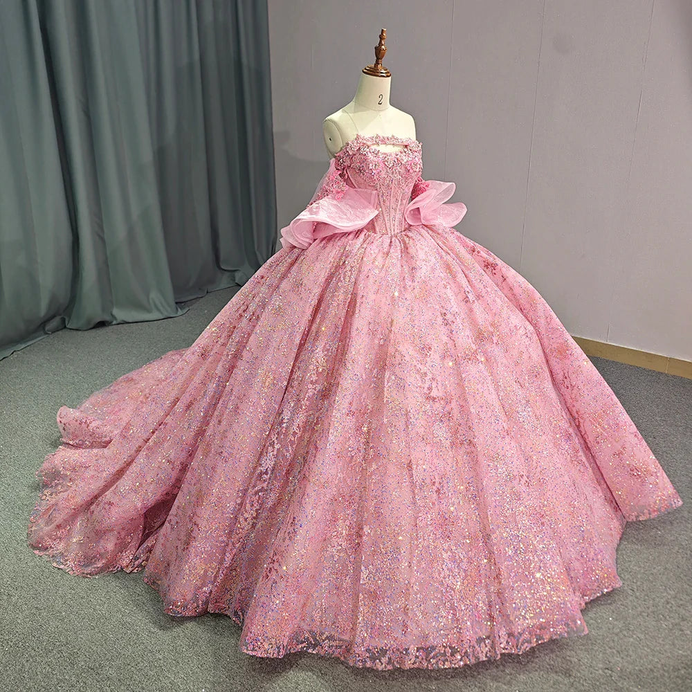 Pink Quinceanera Dress 3D Flowers Appliques Beading Sequins Sweetheart Ball Gowns Sweet 16 Party Dress