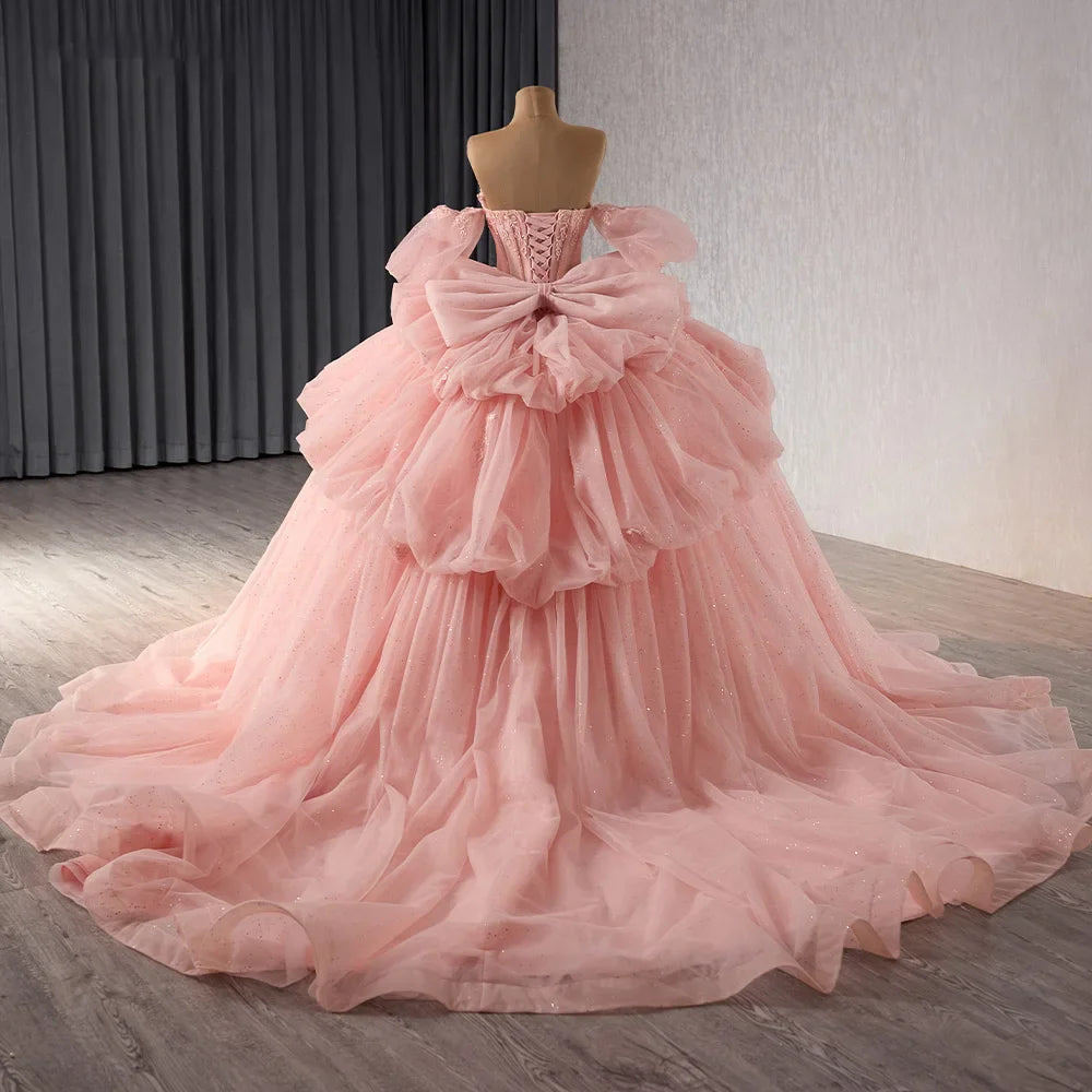 sweet 16 party dresses pink Pink Sweetheart neck tulle lace long prom dress, sweet 16 dress shdress