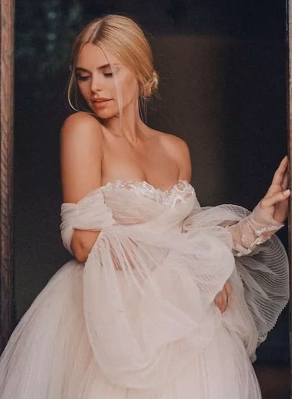 Pink Romantic Long Sleeves Off The Shoulder Wedding Dress With Lace