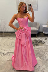Dressystars Pink Satin Corset Prom Dress With Neckline Pearl Trim & Oversized Bow Formal Evening Gown