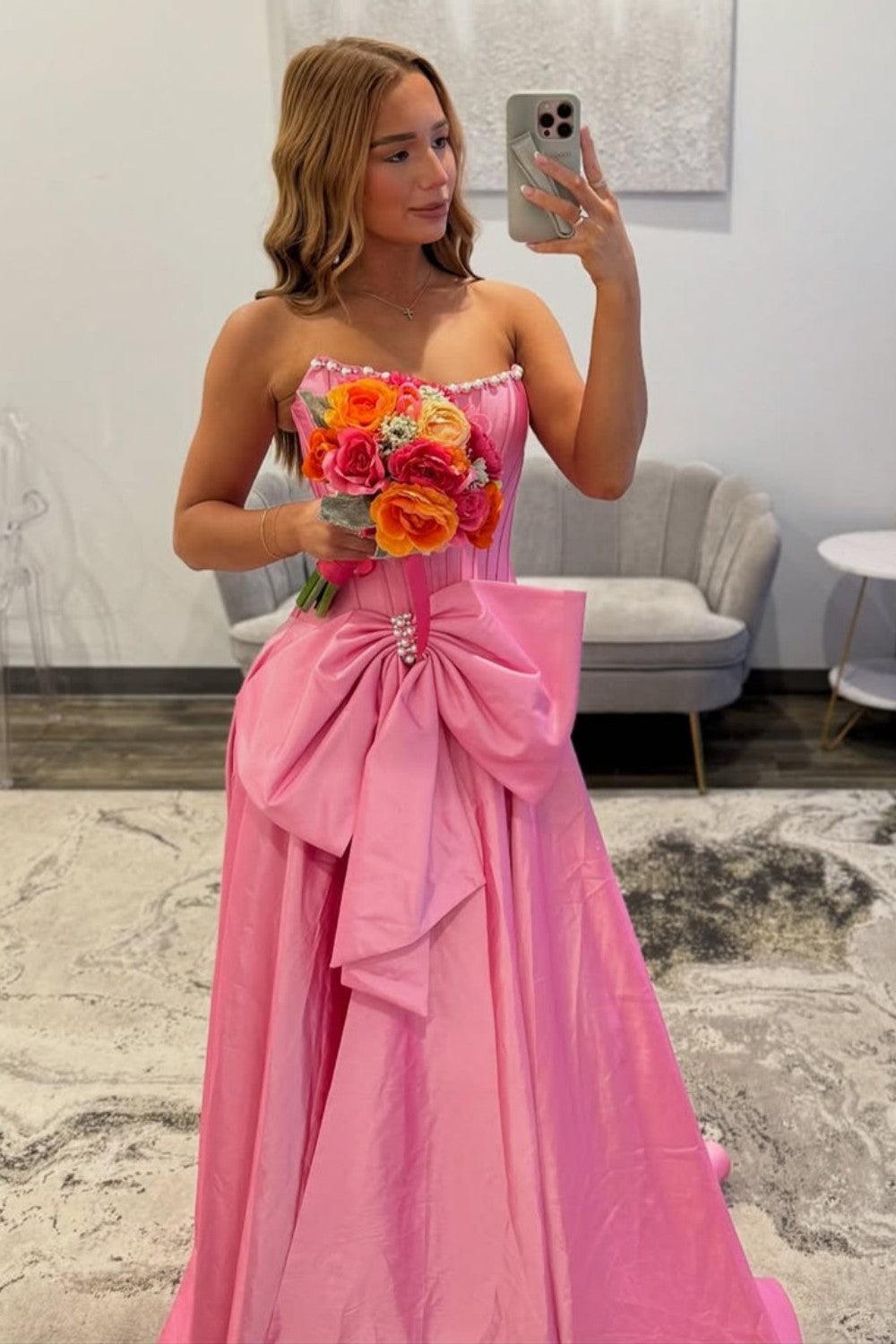 Dressystars Pink Satin Corset Prom Dress With Neckline Pearl Trim & Oversized Bow Formal Evening Gown