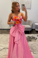 Dressystars Pink Satin Corset Prom Dress With Neckline Pearl Trim & Oversized Bow Formal Evening Gown