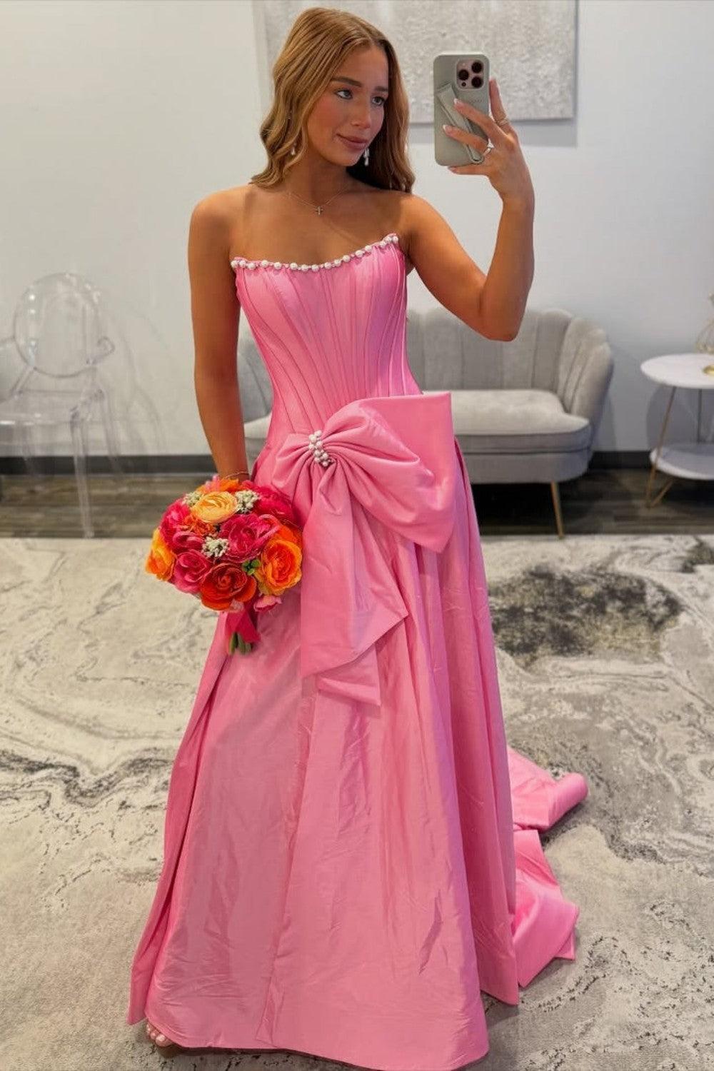 Dressystars Pink Satin Corset Prom Dress With Neckline Pearl Trim & Oversized Bow Formal Evening Gown