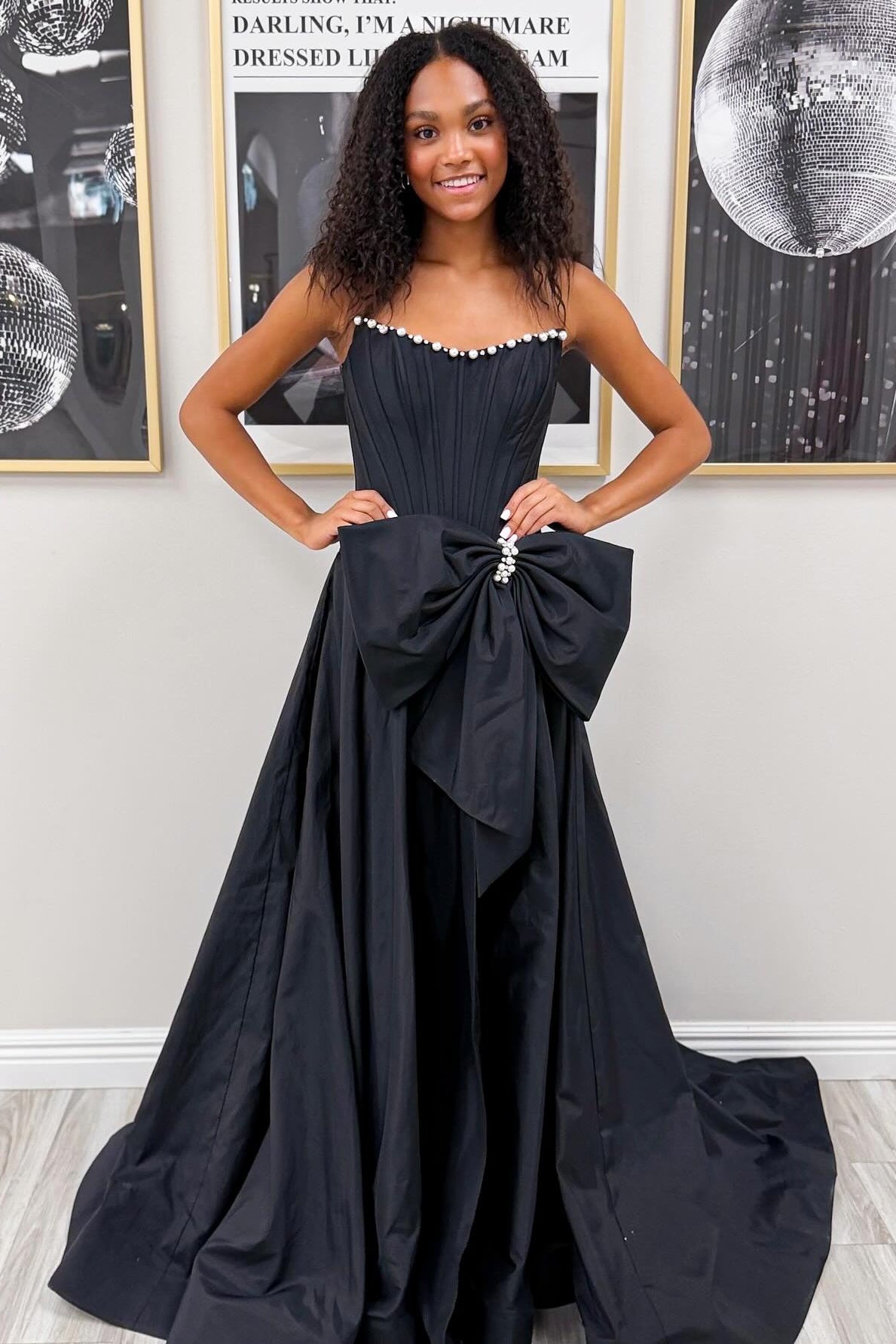 Dressystars Pink Satin Corset Prom Dress With Neckline Pearl Trim & Oversized Bow Formal Evening Gown