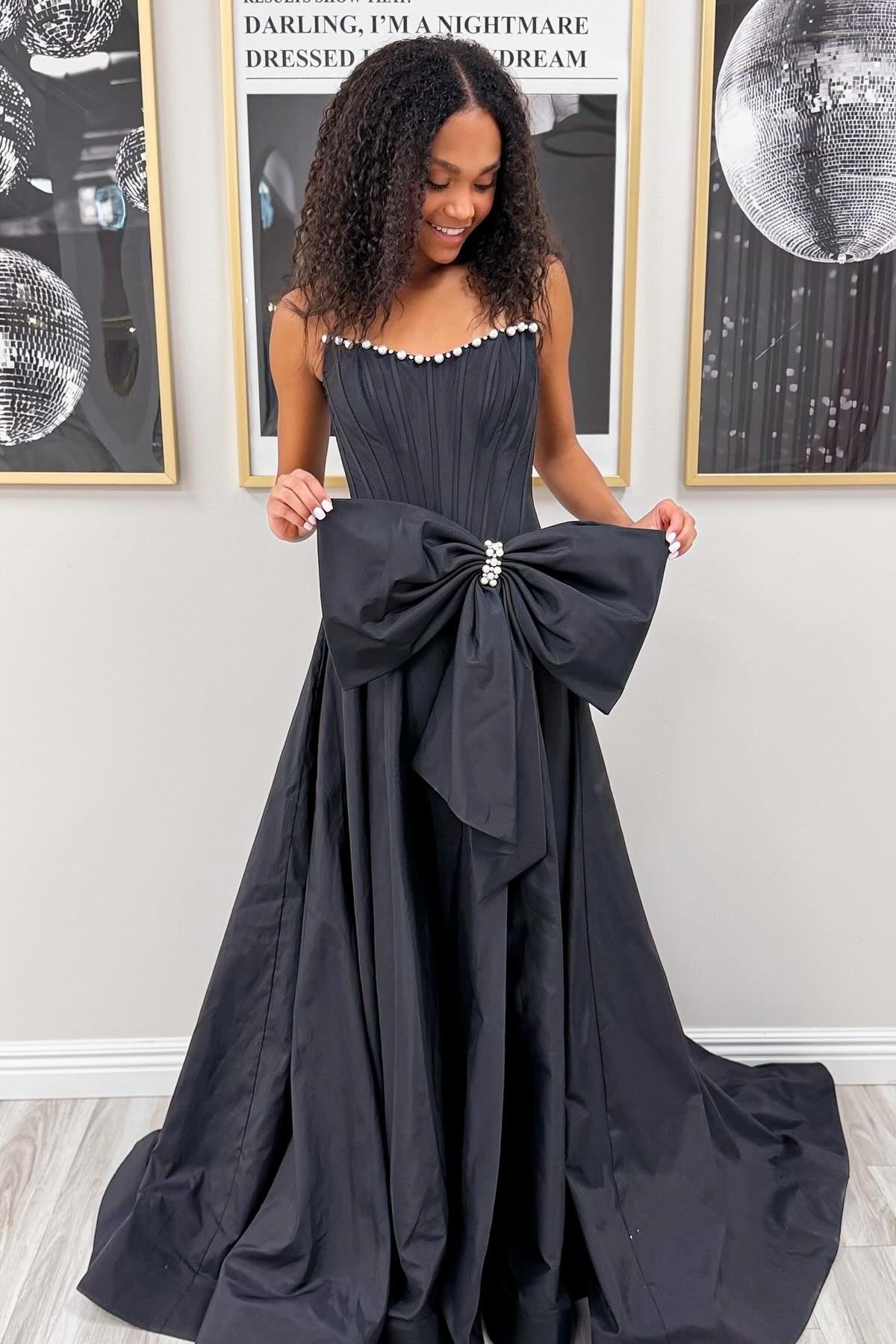 Dressystars Pink Satin Corset Prom Dress With Neckline Pearl Trim & Oversized Bow Formal Evening Gown