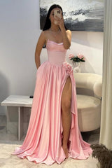 Pink Satin Strapless Homecoming Dress With Rhinestone 3D Flower And High Slit Formal Evening Gown