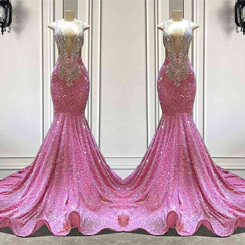 Pink Sequined Sleeveless Prom Dress Straps Long Beaded Mermaid Formal Dress