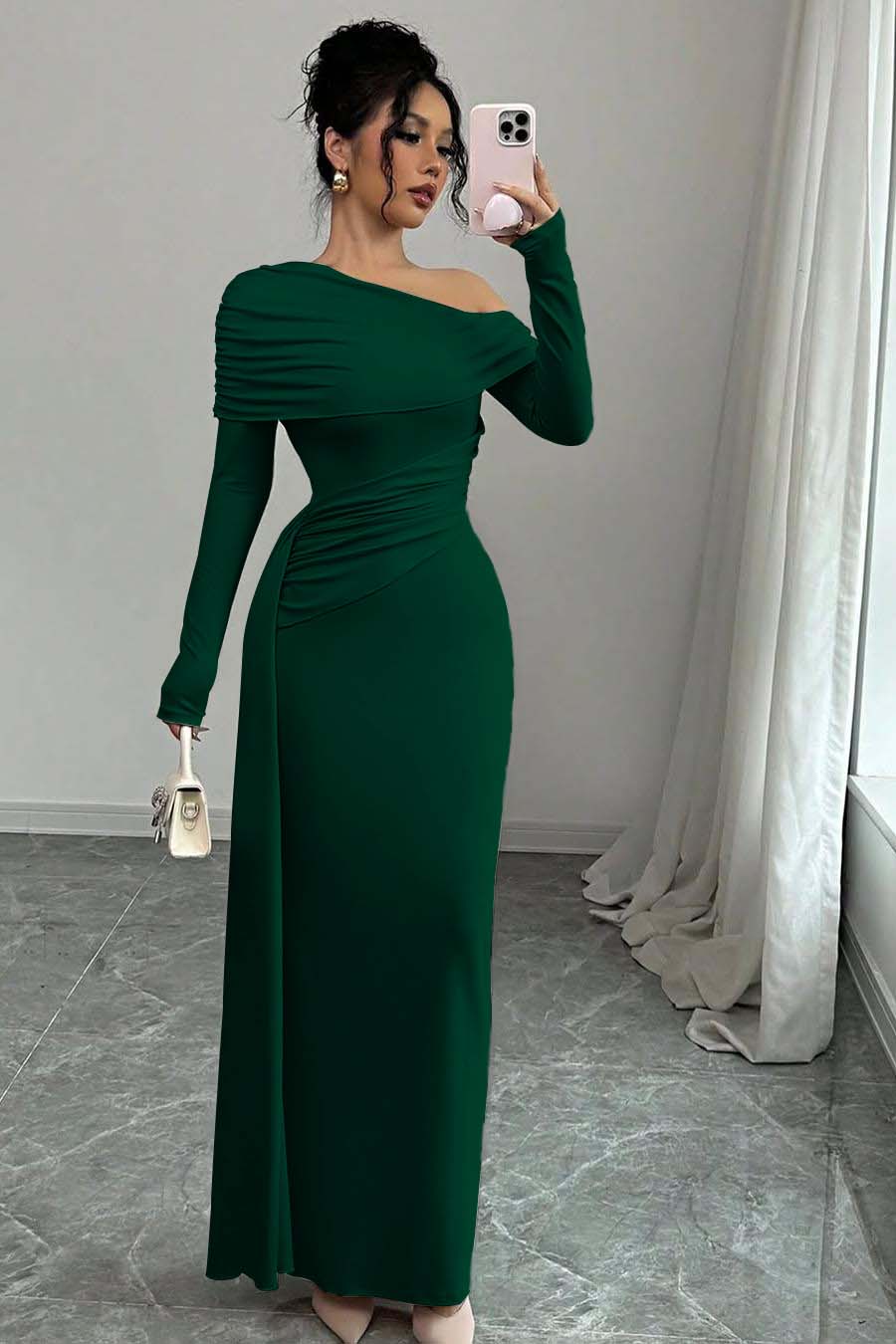 Pink Sheath/Column Prom Dress Long Sleeve Asymmetric Neck Satin Formal Dress