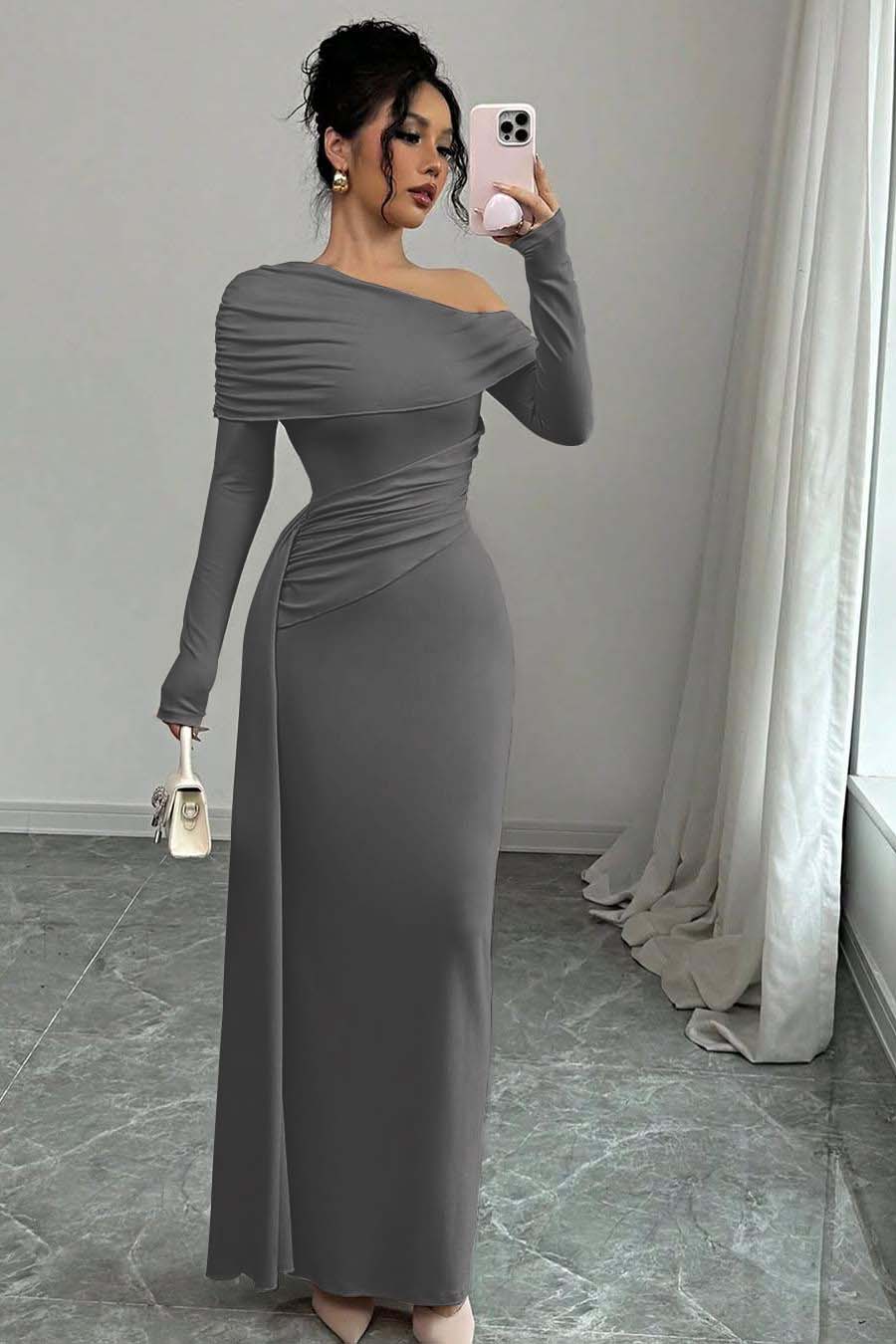 Pink Sheath/Column Prom Dress Long Sleeve Asymmetric Neck Satin Formal Dress