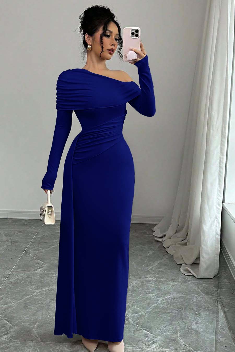 Pink Sheath/Column Prom Dress Long Sleeve Asymmetric Neck Satin Formal Dress