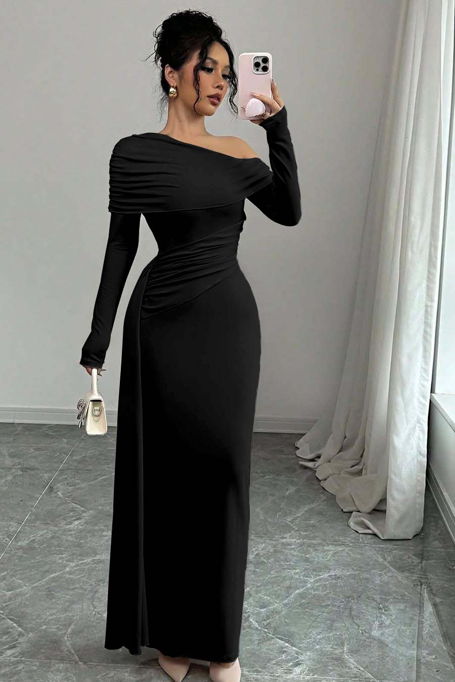 Pink Sheath/Column Prom Dress Long Sleeve Asymmetric Neck Satin Formal Dress