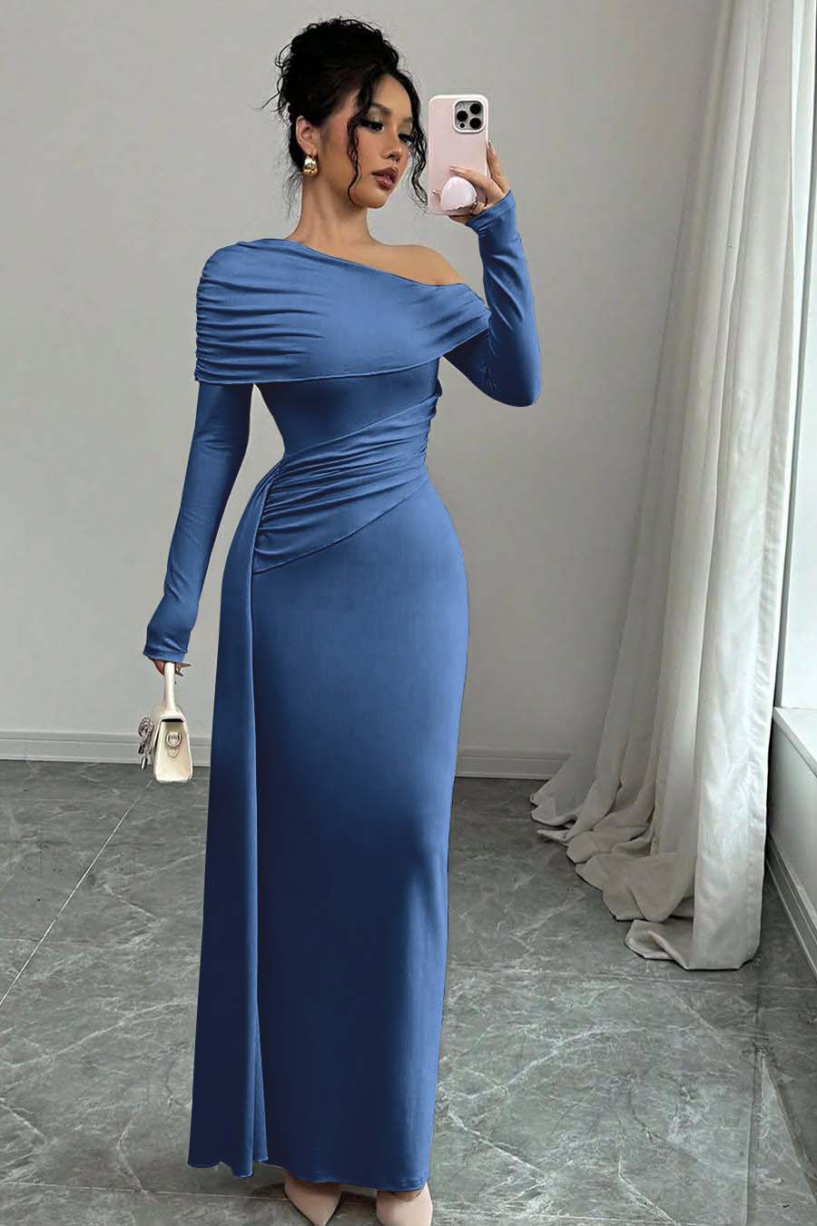 Pink Sheath/Column Prom Dress Long Sleeve Asymmetric Neck Satin Formal Dress
