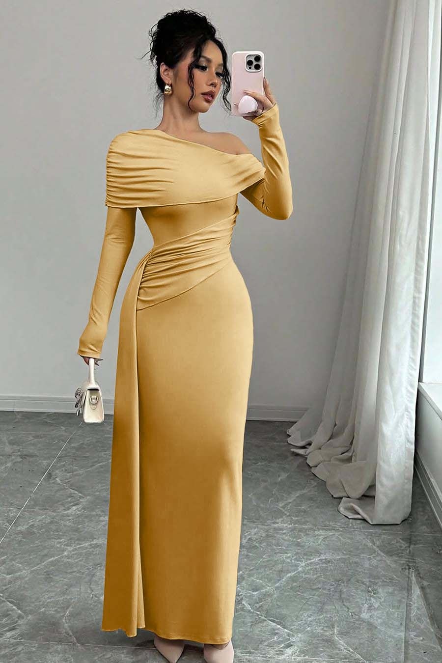Pink Sheath/Column Prom Dress Long Sleeve Asymmetric Neck Satin Formal Dress