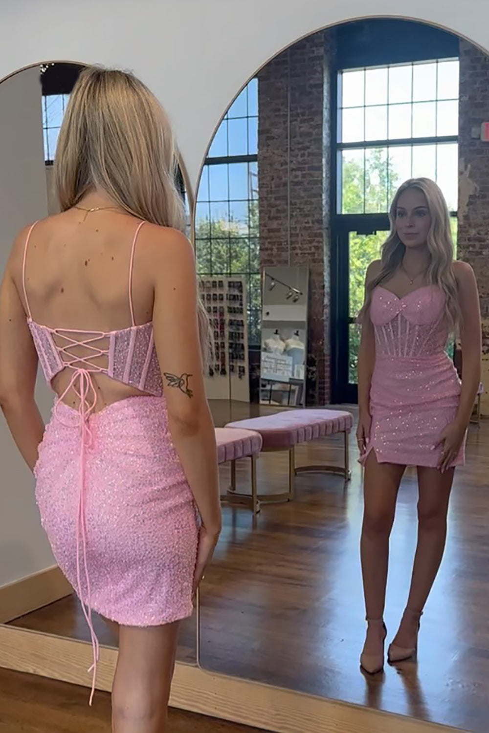 Pink Spaghetti Straps Homecoming Dresses Sequins Short Corset Cocktail Dresses